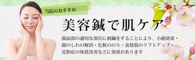 美容鍼で肌ケア。顔面部の適切な部位に刺鍼することで小顔効果、しわの解消、化粧ノリアップ、表情筋のリフトアップ、花粉症改善などの効果があります。